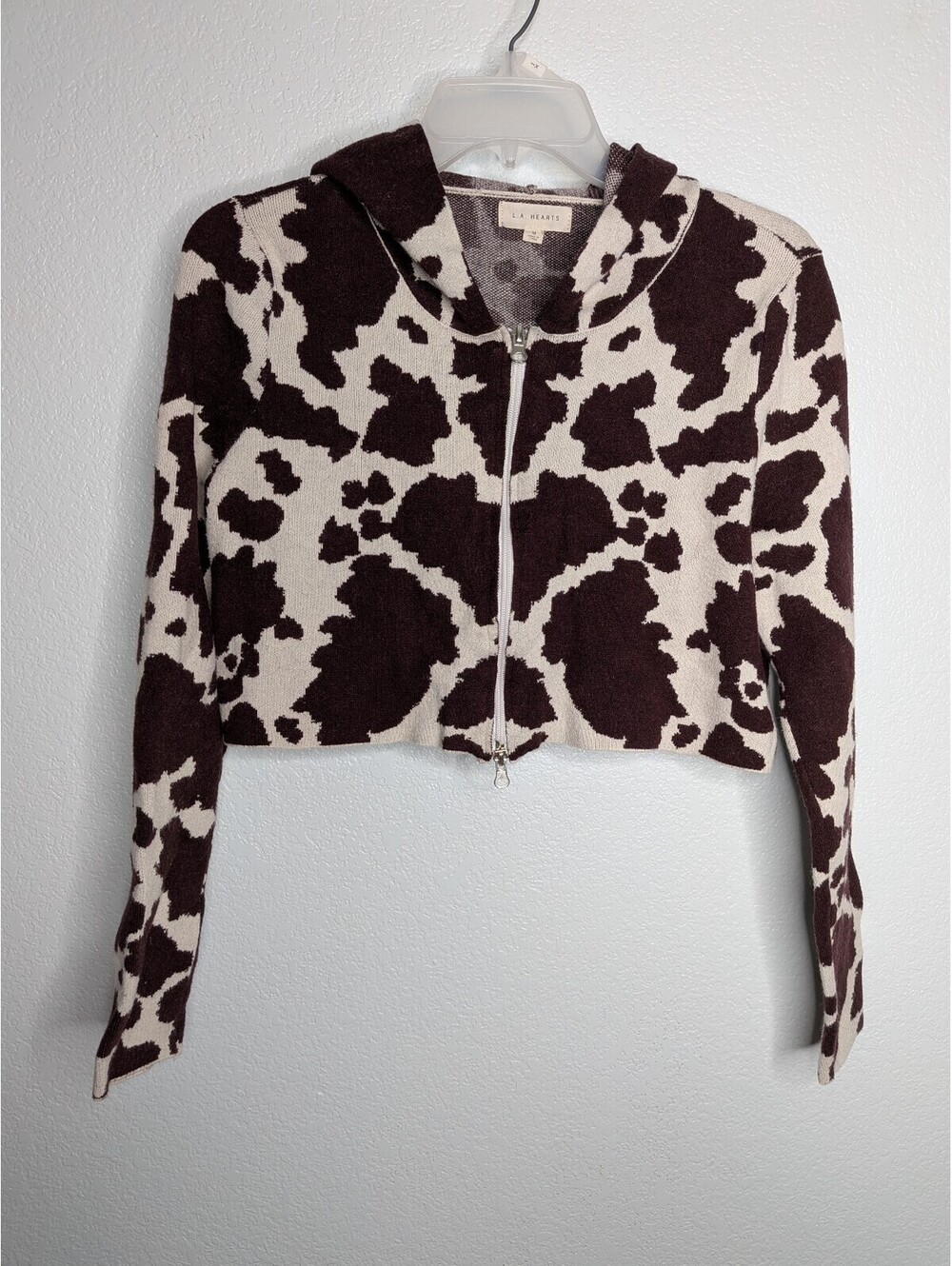 L.A. Hearts Cow Print Cropped Zip-Up Hoodie Brown Cream Size M